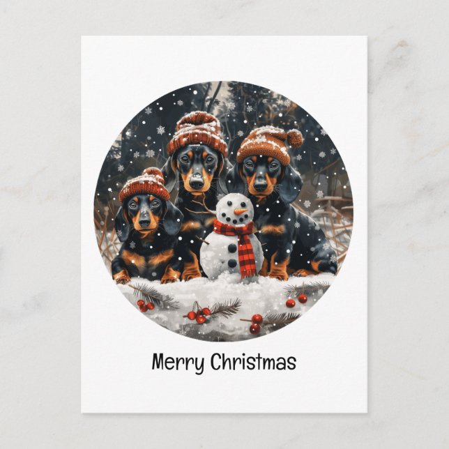 Postal Feliz Navidad Dachshund Perros Snowman (Anverso)