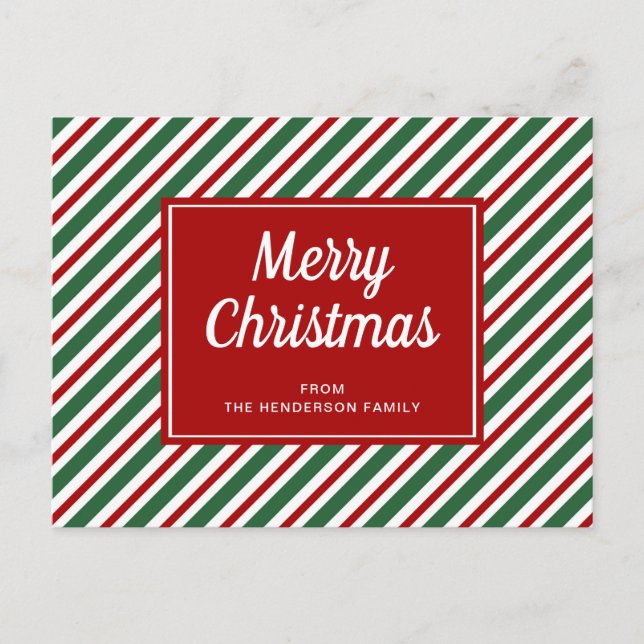 Postal Feliz Navidad de rayas rojas y verdes  (Anverso)