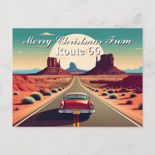 Postal Feliz Navidad desde el coche retro de la Ruta 66 e