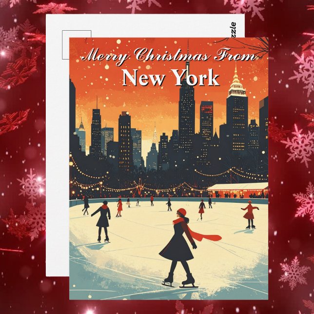 Postal Feliz Navidad desde el invierno del hielo de Nueva (Merry Christmas from New York Ice Skating Winter Postcard)