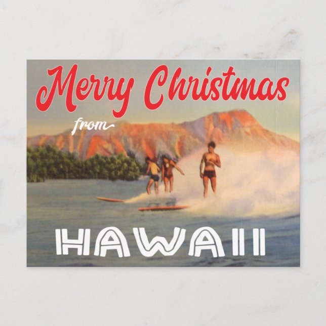 Postal Feliz Navidad desde Hawaii, surf vintage (Anverso)