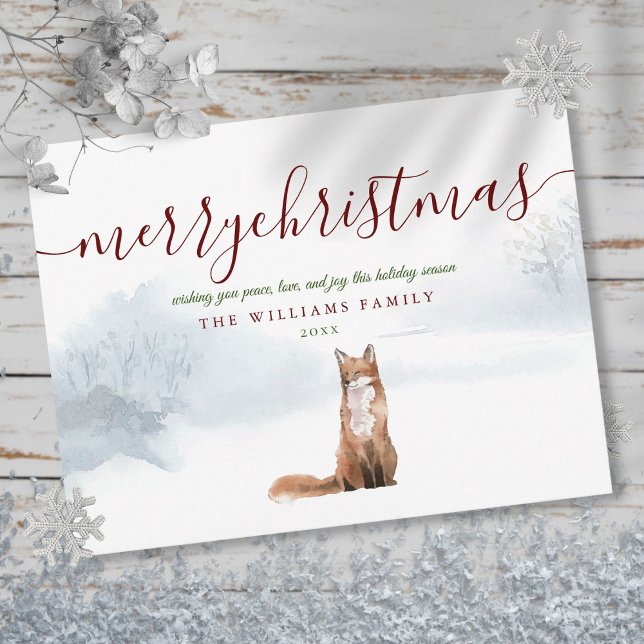 Postal Feliz Navidad Elegante Script Zorro de Invierno  (Merry Christmas Elegant Script Winter Fox Postcard)