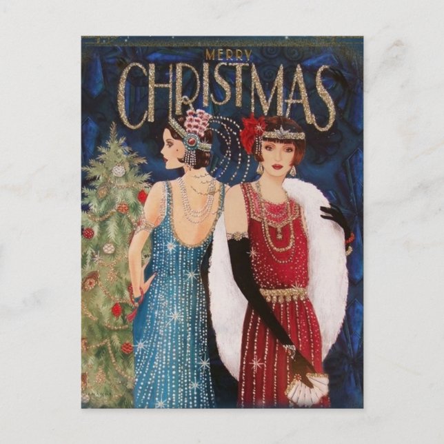 Postal Feliz Navidad Elegante Vintage Retro Ladies (Anverso)
