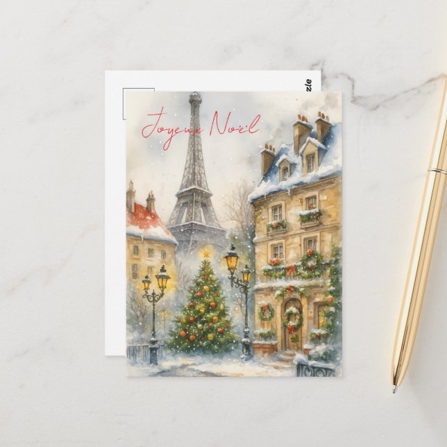 Postal Feliz Navidad en París Acuarela Torre Eiffel  (Anverso/Reverso In Situ)