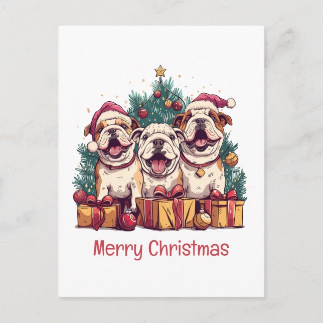 Postal Feliz Navidad English Bulldog Gorros de Santa (Anverso)