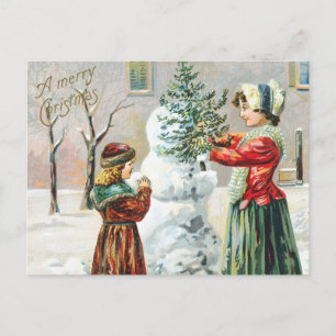 Postal Feliz Navidad, familia victoriana y hombre de niev