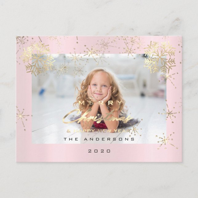 Postal Feliz Navidad Feliz Año Año Oro Nieve Rosa Foto (Anverso)