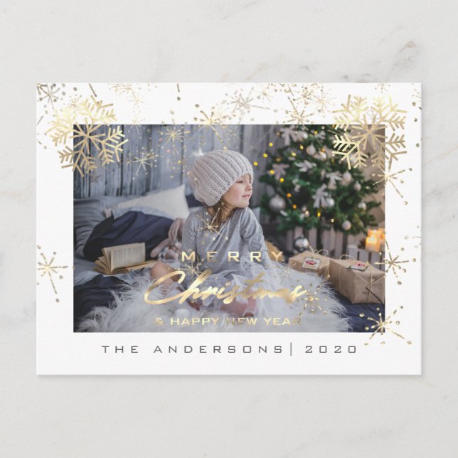 Postal Feliz Navidad Feliz Año Feliz Año Oro Copos de Nie (Anverso)