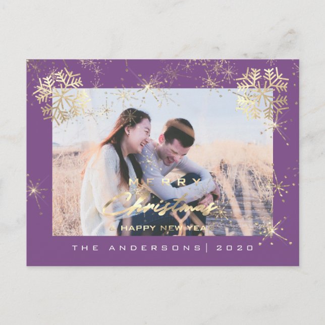 Postal Feliz Navidad Feliz Año Feliz Año Oro Copos de Nie (Anverso)