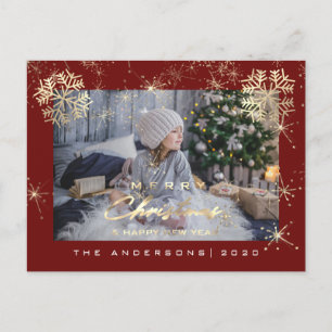 Postal Feliz Navidad Feliz Año Feliz Año Oro Nieve Maroon