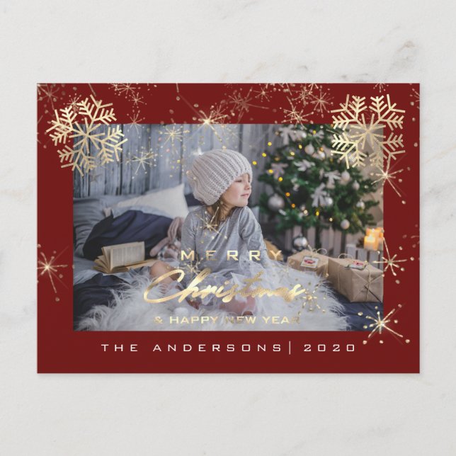Postal Feliz Navidad Feliz Año Feliz Año Oro Nieve Maroon (Anverso)
