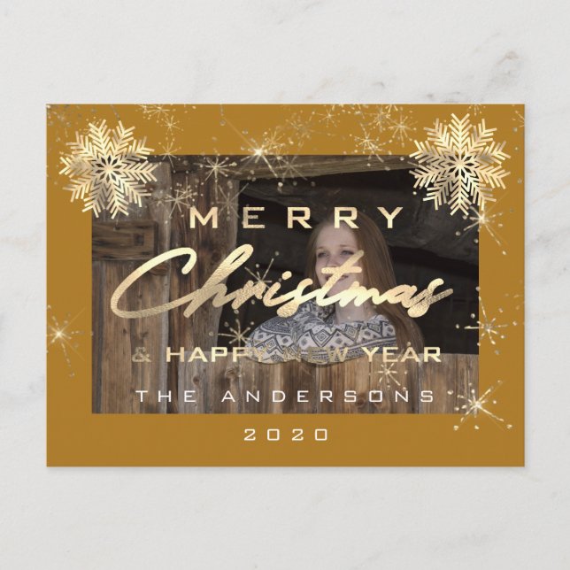 Postal Feliz Navidad Feliz Año Nuevo. Foto de copos de ni (Anverso)