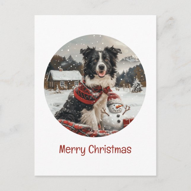 Postal Feliz Navidad Frontera Collie Dog Snowman (Anverso)