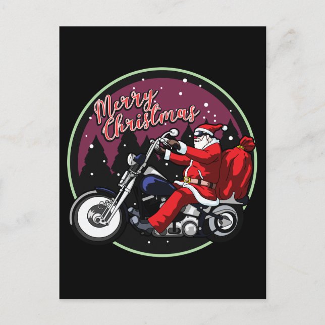 Postal Feliz Navidad Funny Santa Rides Regalos de motocic (Anverso)