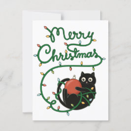 Postal Feliz Navidad Gato negro con ornamento y luces