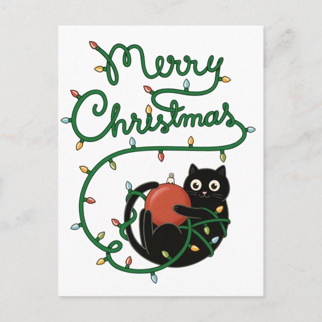 Postal Feliz Navidad Gato negro con ornamento y luces (Anverso)