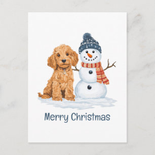 Postal Feliz Navidad Goldendoodle Perro Muñeco de Nieve