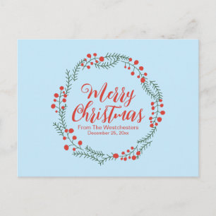 Postal Feliz Navidad guión azul pálido rojo rustico coron