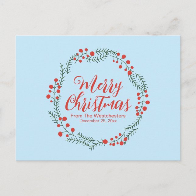 Postal Feliz Navidad guión azul pálido rojo rustico coron (Anverso)