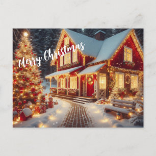 Postal Feliz Navidad: Hogar iluminado y árbol de Navidad