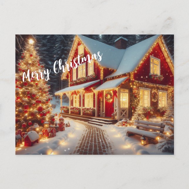 Postal Feliz Navidad: Hogar iluminado y árbol de Navidad (Anverso)