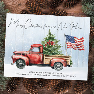 Postal Feliz Navidad Hogar Nuevo Camión Rojo Antiguo Muda