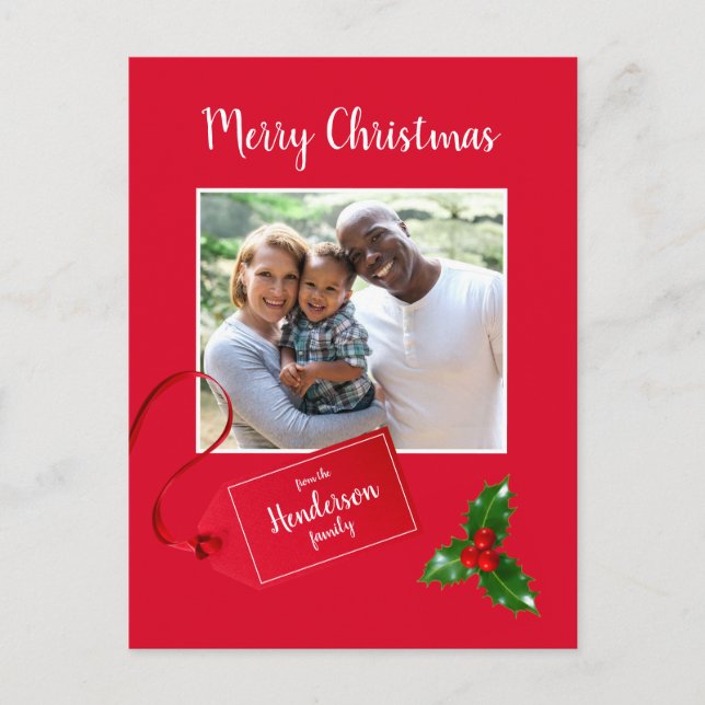 Postal Feliz Navidad Holly Sprig - Foto Personalizado - (Anverso)