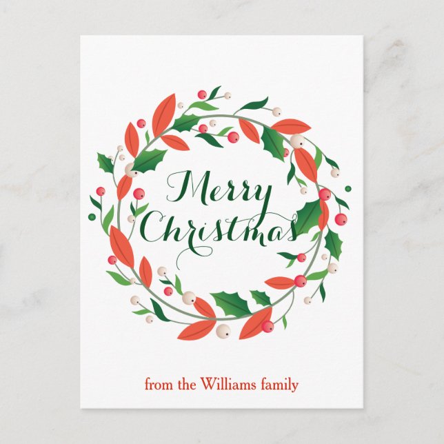 Postal Feliz Navidad Holly Wreath Personalizado tradicion (Anverso)
