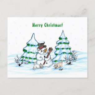 Postal ¡Feliz Navidad! Hombre de nieve con gato y cachorr