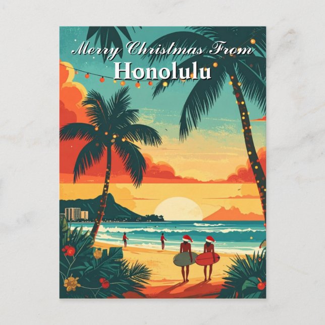 Postal Feliz Navidad Honolulu Tropical Beach Sunset (Anverso)