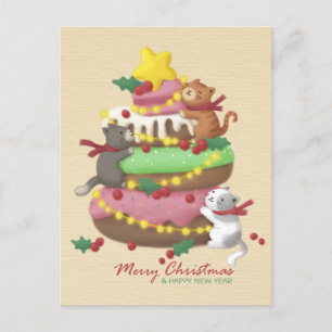 Postal Feliz Navidad: Ilustracion de gatos y dulces
