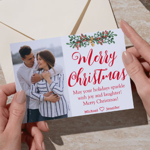 Postal feliz navidad letra roja foto de recién casados