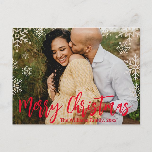 Postal feliz navidad manuscrita roja copos de nieve foto (Anverso)