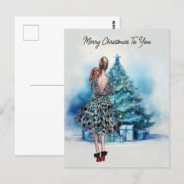 Postal Feliz Navidad mujer y árbol azul de Navidad