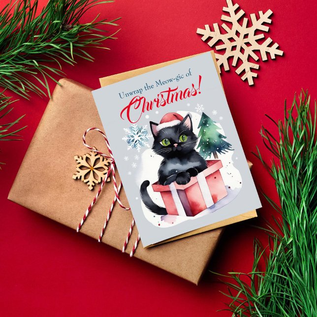 Postal Feliz Navidad Navidad a los gatos Po (Cat Christmas greeting postcard for cat people watercolor cute black cat in red hat inside gift box)