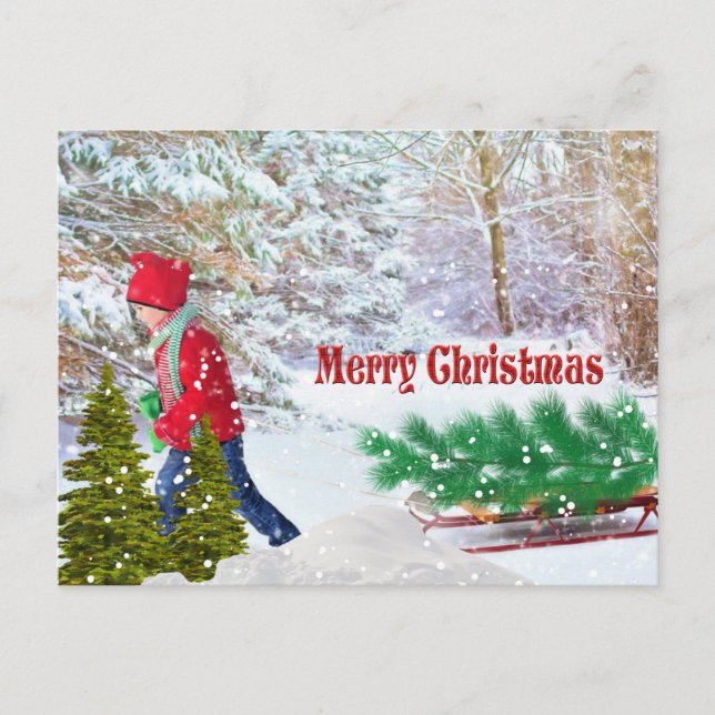 Postal Feliz Navidad Niño con Trineo Fiesta Navideña (Anverso)