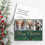 Postal Feliz navidad oro verde 3 pareja de collage de fot<br><div class="desc">antecedentes de freepik.com elegante navidad navidad dorada verde verdor tres fotos tarjeta de pareja de collage. dos caras,  en el reverso de los deseos de vacaciones</div>