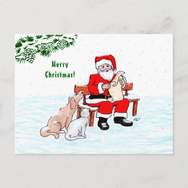 Postal Feliz Navidad! Papá Noel con gato y perro (Anverso)