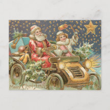 Feliz Navidad Papá Noel conduciendo un coche antig