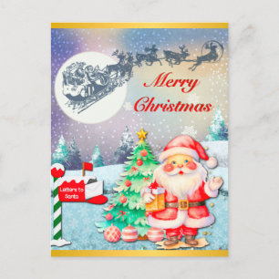 Postal Feliz Navidad Papá Noel, Trineo, Reno, Copo de Nie