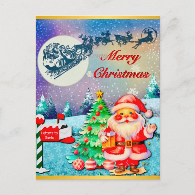 Postal Feliz Navidad Papá Noel, Trineo, Reno, Copo de Nie (Anverso)