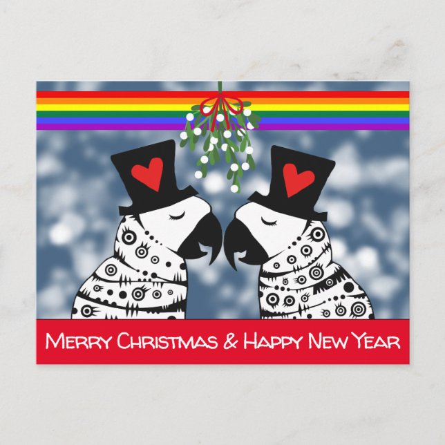 Postal Feliz Navidad Parrots gay bajo el Mistletoe (Anverso)