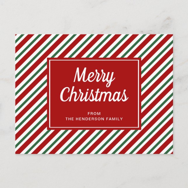 Postal Feliz Navidad Patrón de rayas rojas y verdes  (Anverso)