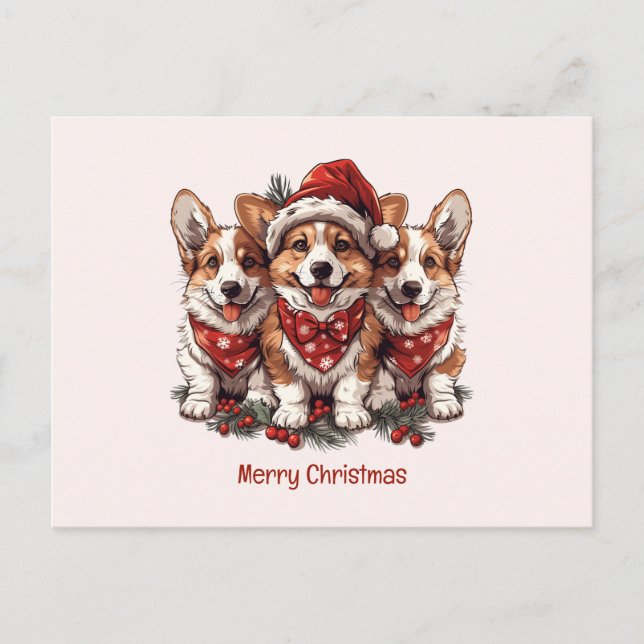 Postal Feliz Navidad Pembroke Corgi galés cachorros (Anverso)