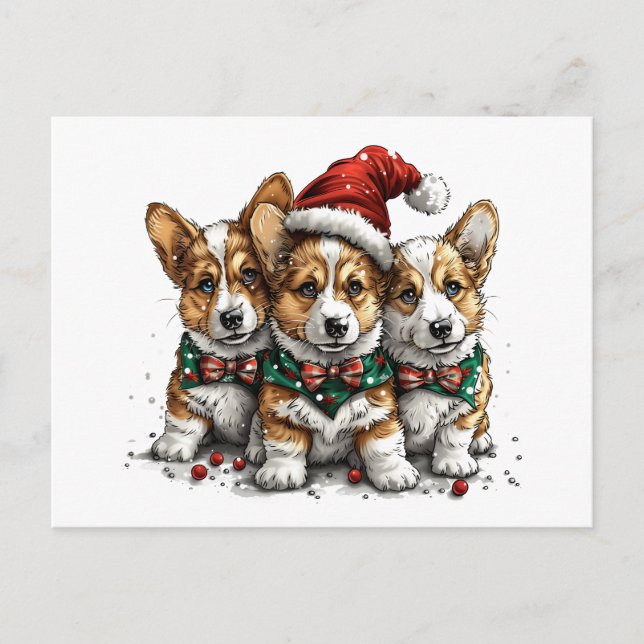 Postal Feliz Navidad Pembroke Corgi galés cachorros (Anverso)