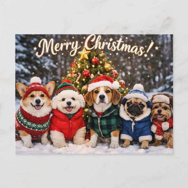 Postal Feliz Navidad Perritos Lindos y Árbol de Navidad  (Anverso)