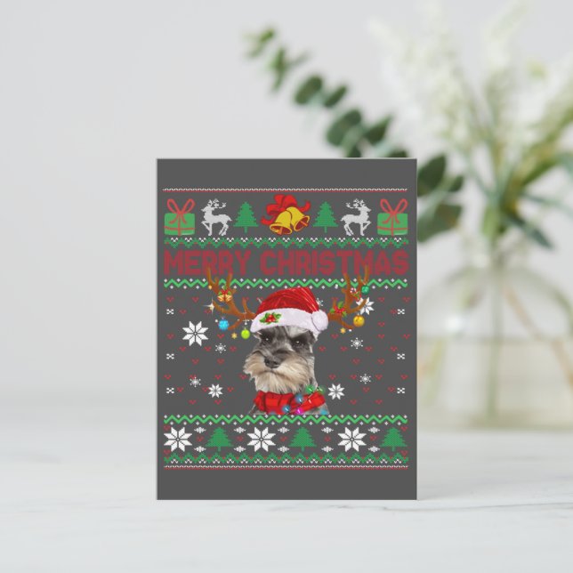 Postal Feliz Navidad Perro feo Schnauzer Santa Hat (Anverso de pie)