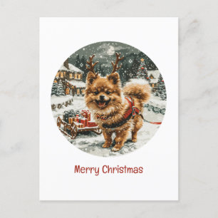 Postal Feliz Navidad Perro reno pomerano
