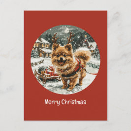Postal Feliz Navidad Perro reno pomerano