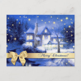Postal Feliz Navidad. Pintura de pueblo de los navidades 